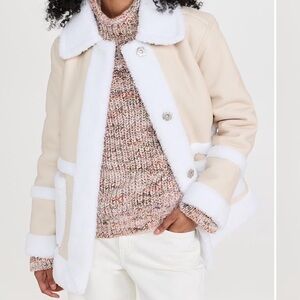 Women's Cream Faux Shearling Trim Coat Jacket